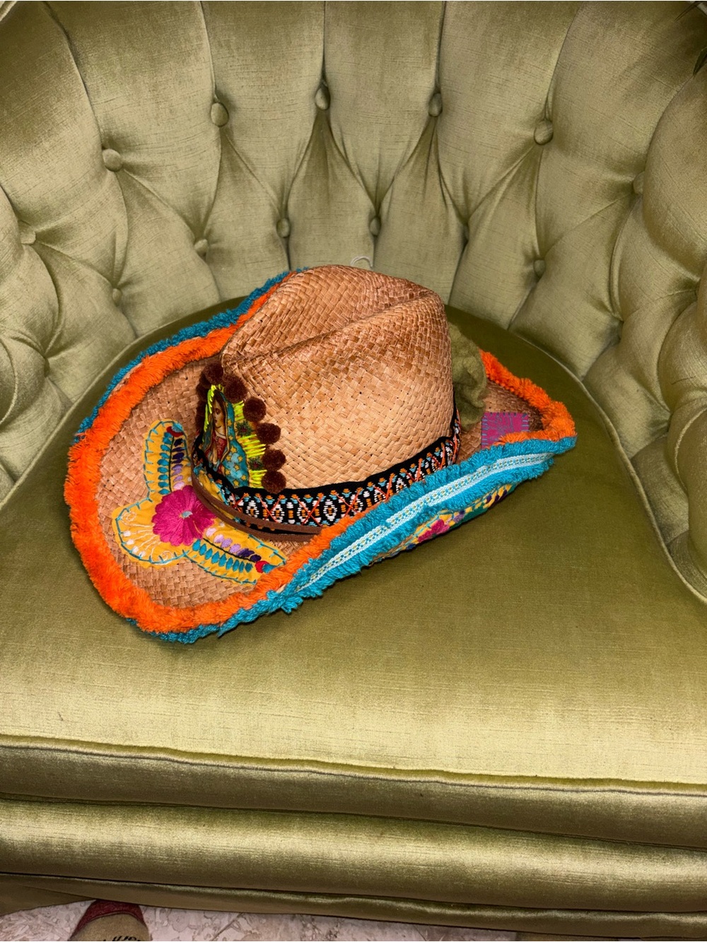 Bohemian Gypsy Queen Embroidered Raffia Straw Hat Fringe Brim medium - Picture 10 of 12